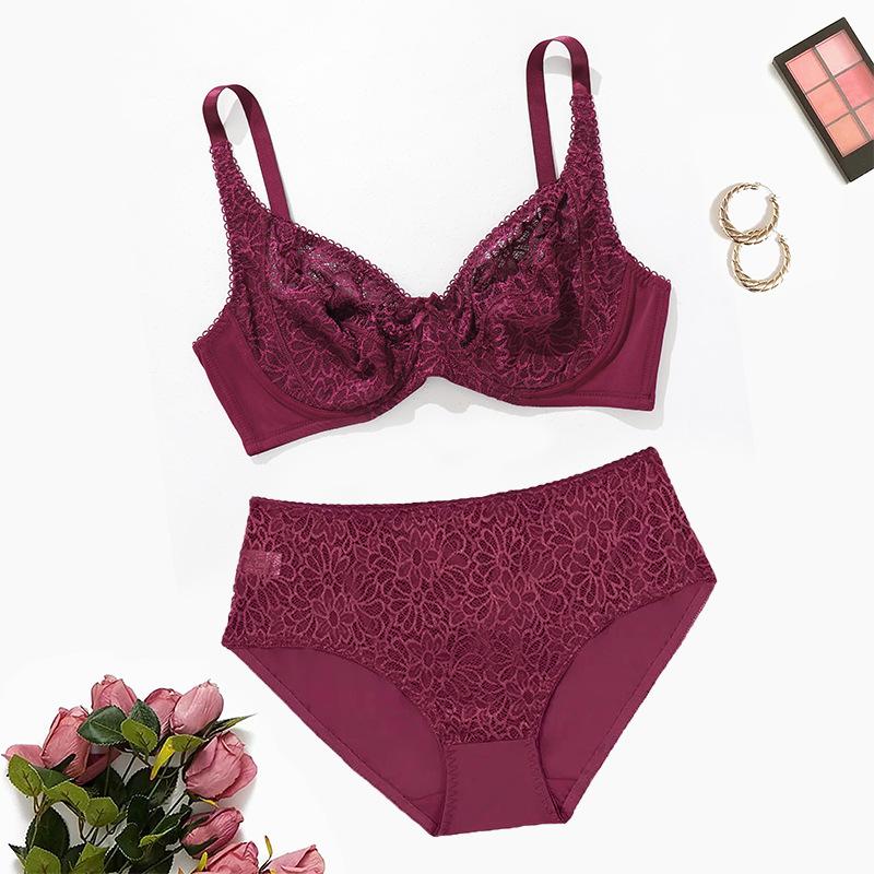 Комплект женского бюстгальтера больших размеров Сексуальное кружевное нижнее белье с эффектом пуш-ап Прозрачные трусики
