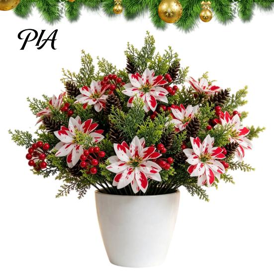 Artificial Plants for Weddings 5 Heads Poinsettia Flowers, Christmas Fake Pine Berry Decoration, Silk Decorations Fade-Resistant Red And White Floral