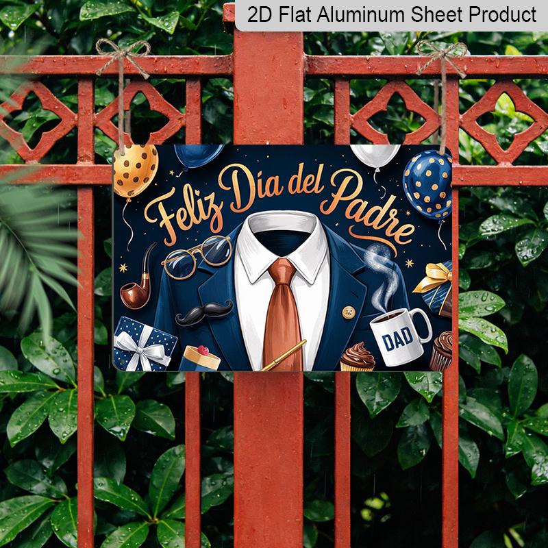 2D Flat, 1pc "Feliz Dia Del Padre" Spanish Father's Day Plaque - Navy Blue & Gold Decor Sign with Suit & Tie, Father's Day Theme - Aluminium Wall