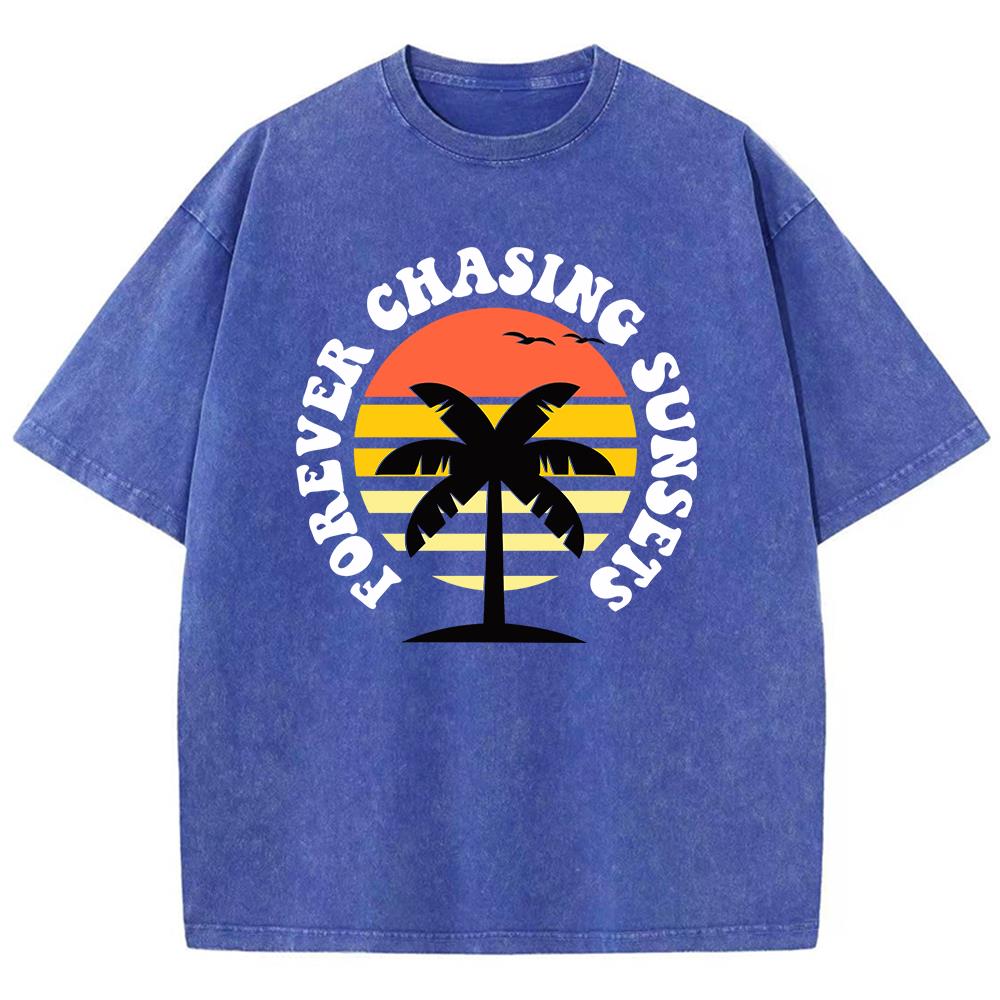 Принт «Вечно в погоне за закатами» Мужские футболки Графичная крутая футболка Высококачественная футболка оверсайз Комфортная мягкая с коротким рукавом