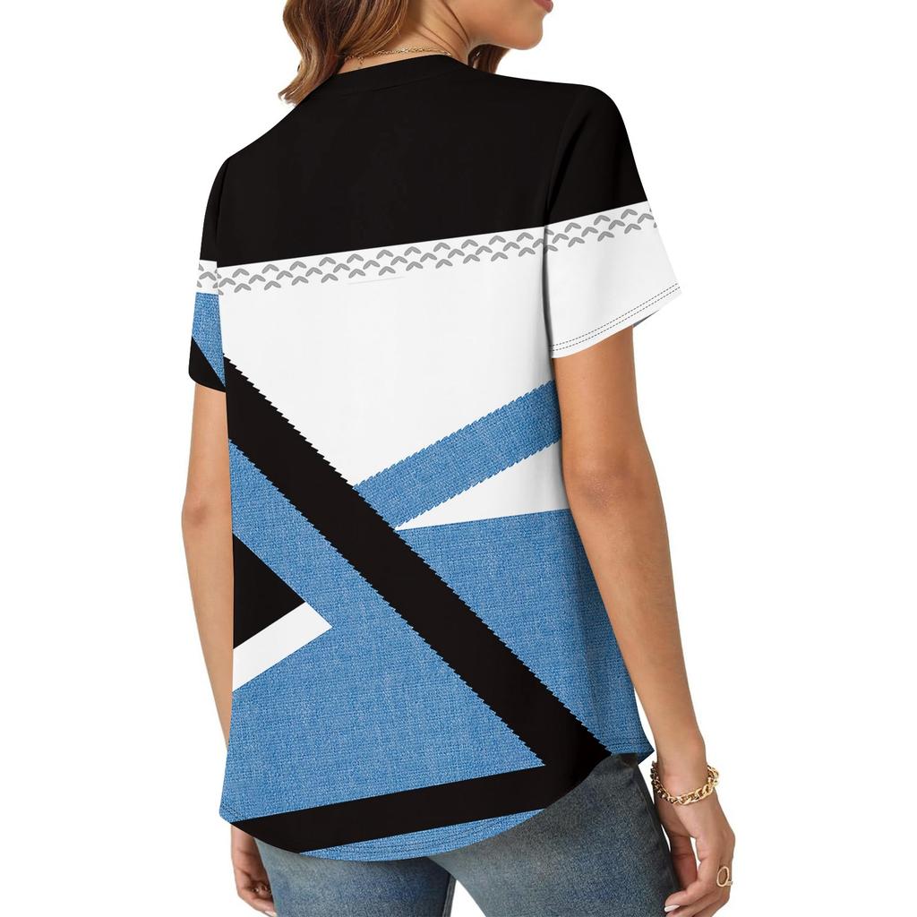 Women's Short Sleeve Casual V-neck Chest Pleated Printed Loose T-shirt Top