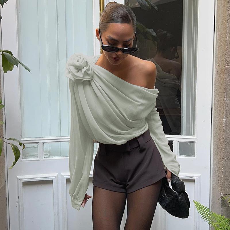 Новые сетчатые шифоновые укороченные топы с открытыми плечами, косым воротником и цветочной аппликацией, осенние элегантные прозрачные футболки с длинными рукавами и рюшами