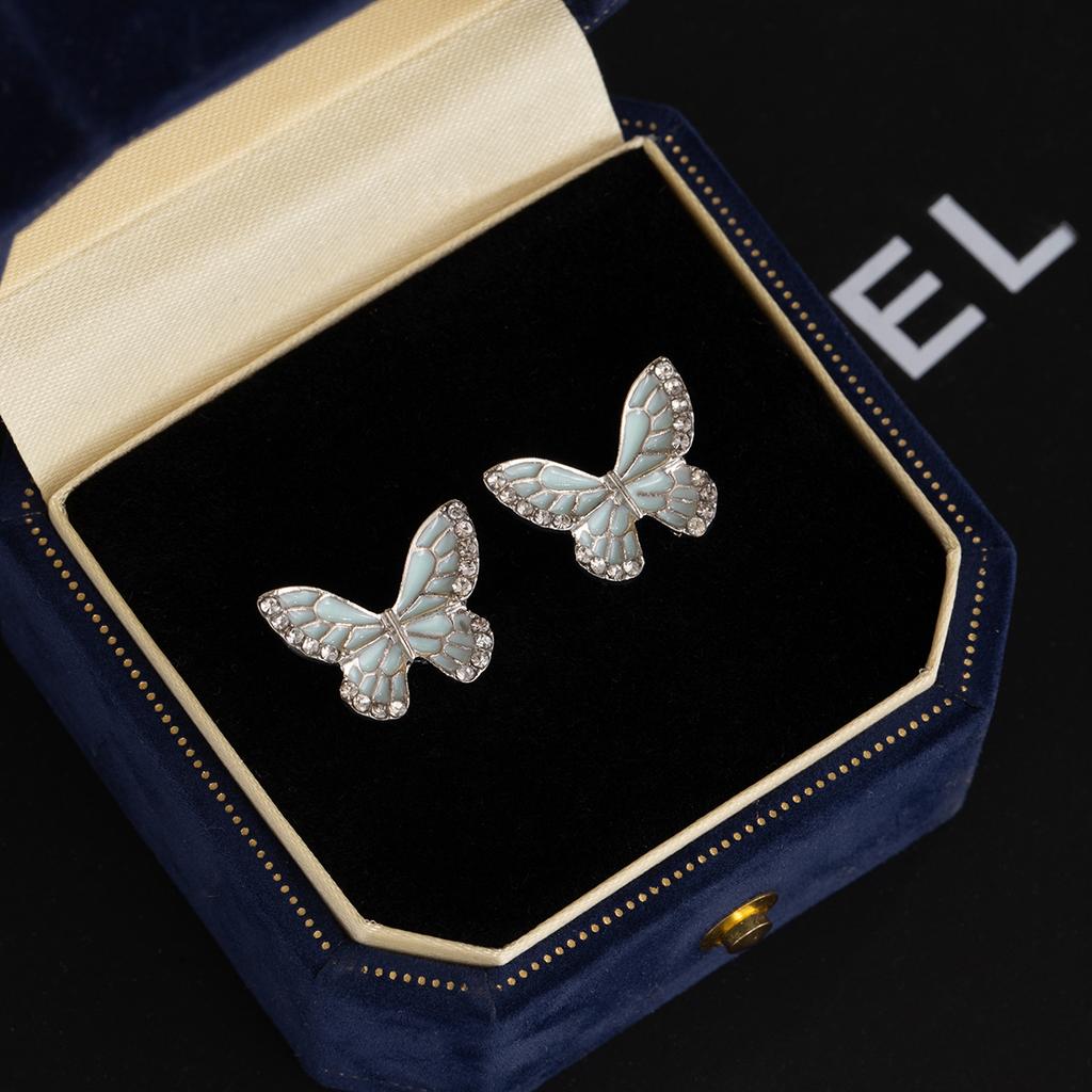 Diamond-Set Blue Oil-Dripping Butterfly Earrings, Light Luxury Niche Design, Water-Dripping Fringed Sweet Earrings.
