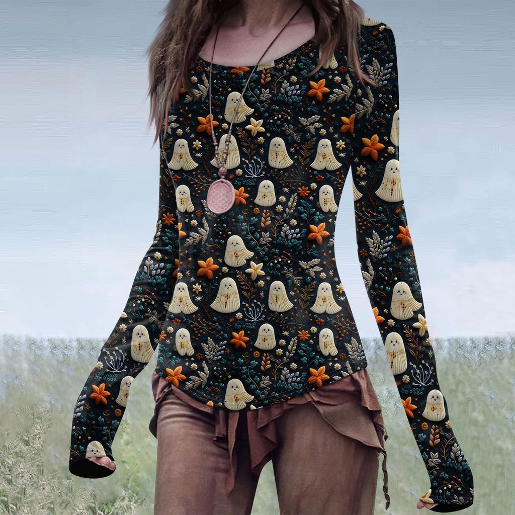 Women's Fashion Casual Mori Slim Long Sleeve Halloween Printed Round-Neck Regular Top
