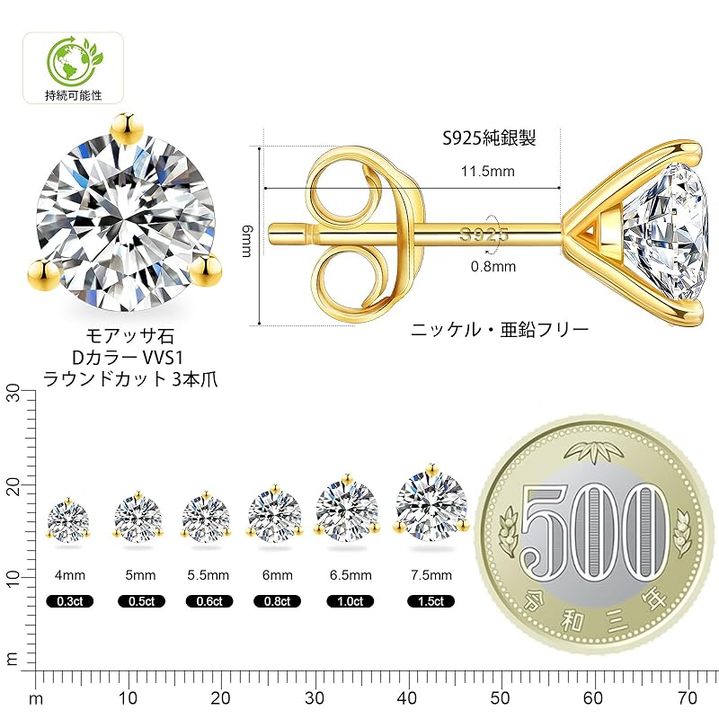 Серьги KRKC с муассанитом Мужские серьги/Женские серьги с 3 когтями, одна серьга из серебра 925 пробы Совместимо с аллергией на металлы Ювелирные изделия с бриллиантами и муассанитом