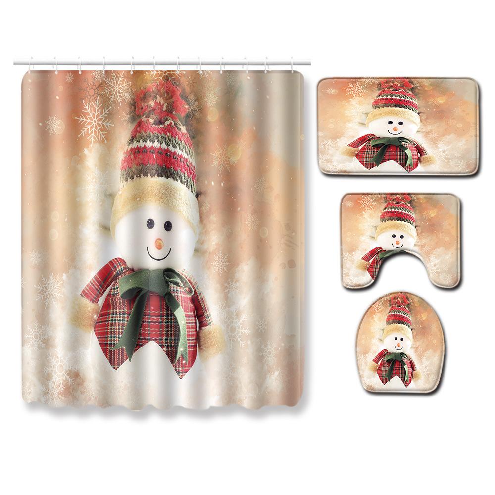3D Printed Christmas Waterproof Shower Curtain Toilet Four-Piece Combination Set Household Doormat Floor Mat Carpet
