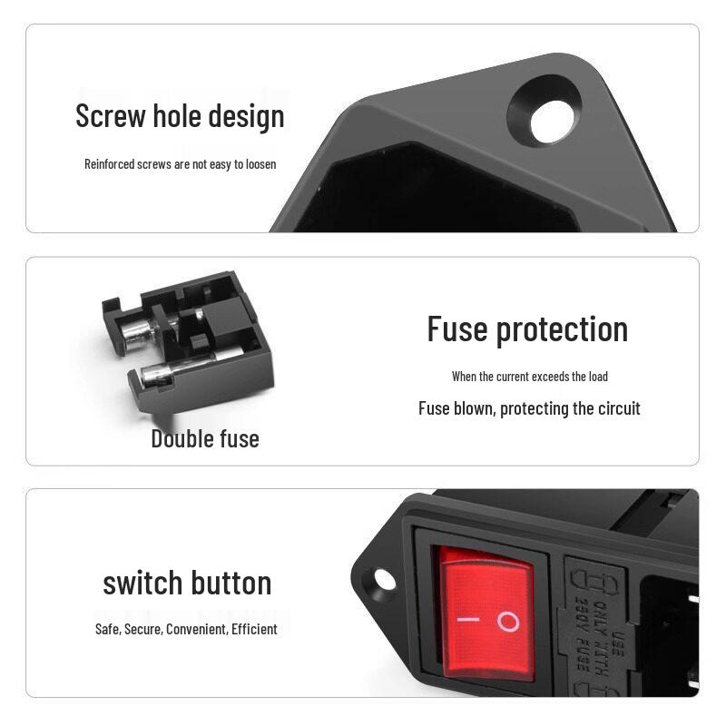 3-in-1 Schuko Socket with Cord, Large Rocker Switch, Dual Fuses, AC Power, Female.