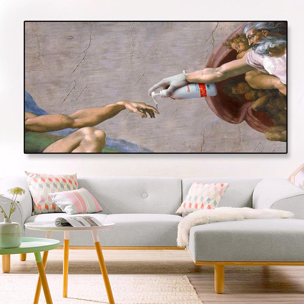 Funny Toilet Paper Poster Michelangelo Creation of Adam Famous Figure Portrait Canvas Painting Wall Art Bathroom Room Decoration