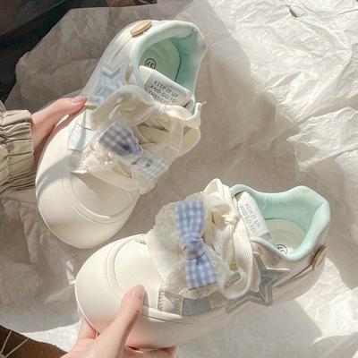 Туфли на толстой подошве с бантом женские новые весенне-осенние универсальные туфли-хлебцы маленькие белые туфли