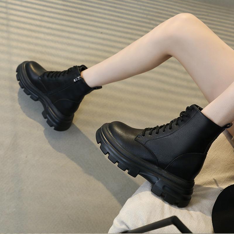 Leather Martin Boots Women's Shoes 2025 New Autumn High-top Thin Casual Platform Tide Ins Inner Height-increasing Short Boots