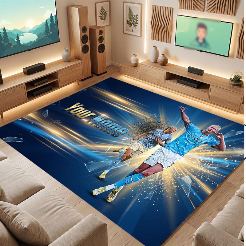 Erling Haaland Custom Crystal Velvet Rug, Personalized Name Text Print, Football Logo Soft Non‑Slip Floor Mat Home Decor Gift