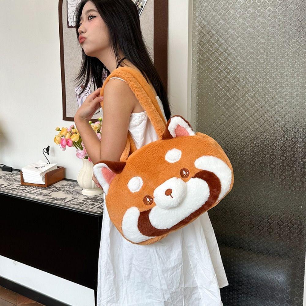 Cute Animal Shoulder Bag Embroidery Red Panda Handbag Portable Red Panda Plush Bag  School