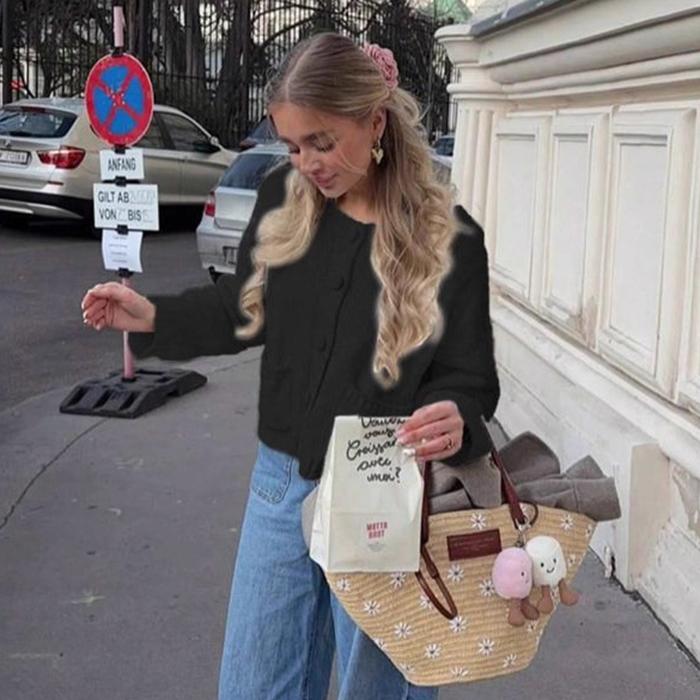 Однотонный женский кардиган с длинным рукавом - Вязаный свитер на пуговицах с карманом