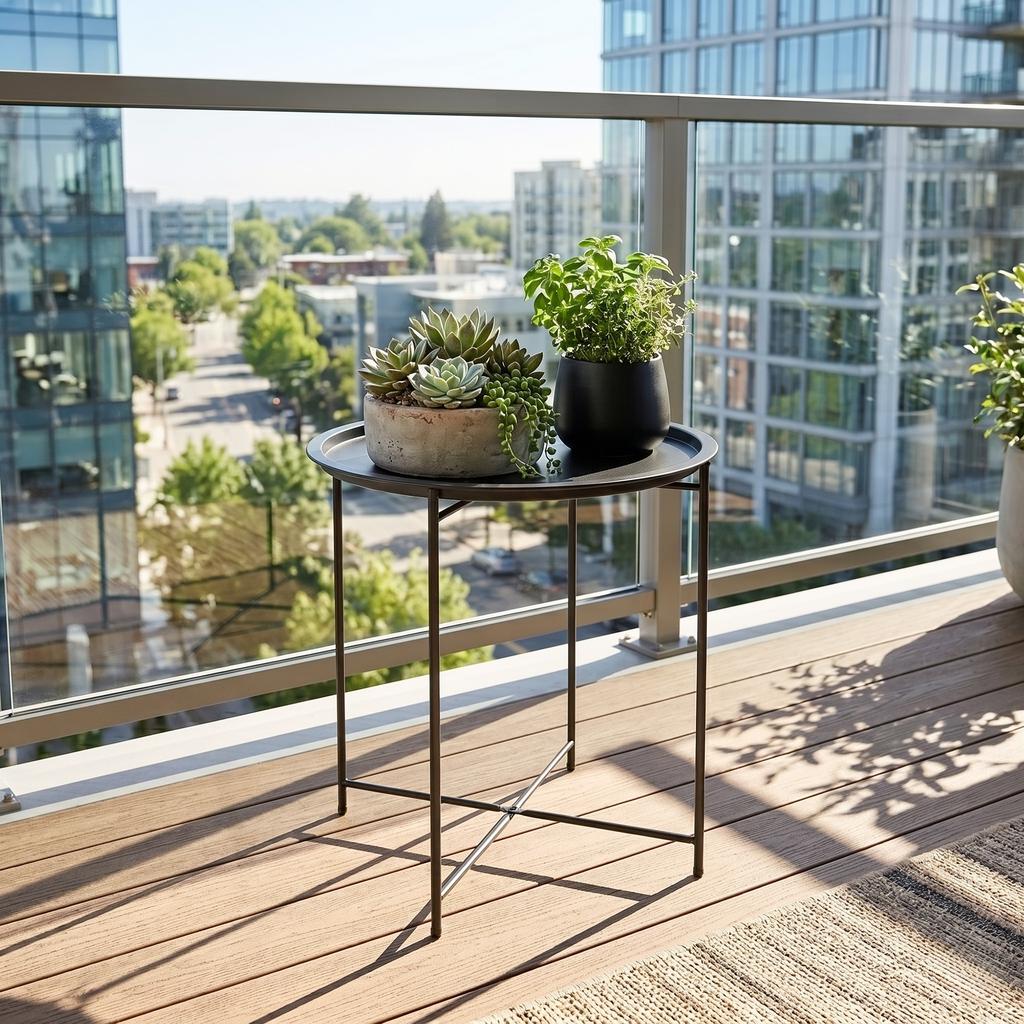 Gartentisch, Runder Außen-Beistelltisch aus Stahl mit herausnehmbarem Tabletttisch, faltbares Design, Terrassentisch, Schwarz