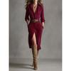 MGHR Women's Fashion Autumn Winter Long Sleeve POLO Neck Solid Color Print Casual Dresses