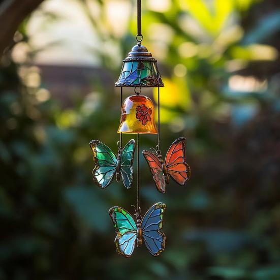 Butterfly Wind Chime Metal Stained Glass Wind Chime Hanging Decoration for Indoor Outdoor