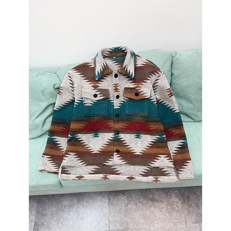 Куртка с лацканами, однобортная куртка, жаккардовое пальто с геометрическим рисунком, пальто в этническом стиле, женское шерстяное плотное пальто, осеннее и зимнее пальто