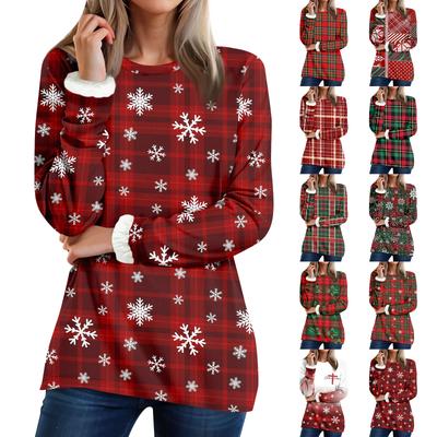 Женский топ с круглым вырезом и принтом из утолщенного плюша и кашемира, теплый длинный топ