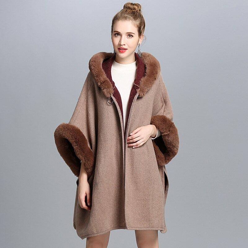 9 Colors Black Winter Warm Fashion Horn Buckle Poncho Capes Women Imitation Rabbit Fur Batwing Sleeves Loose Long Coat With Hat