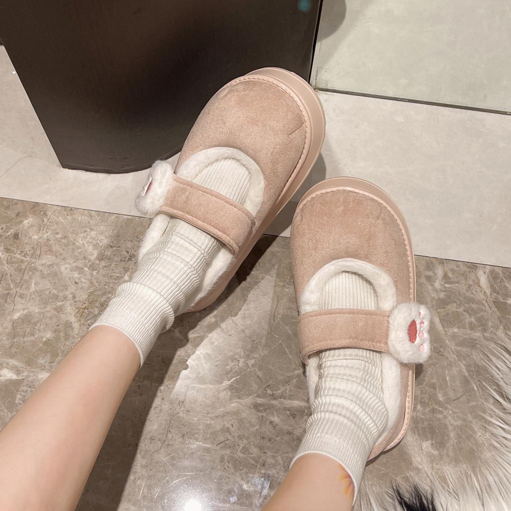 Модные милые плюшевые тапочки из хлопка с украшением в виде кошачьей лапки для женщин 2025 зимние милые замшевые домашние шлепанцы теплые толстая подошва короткий плюш обувь