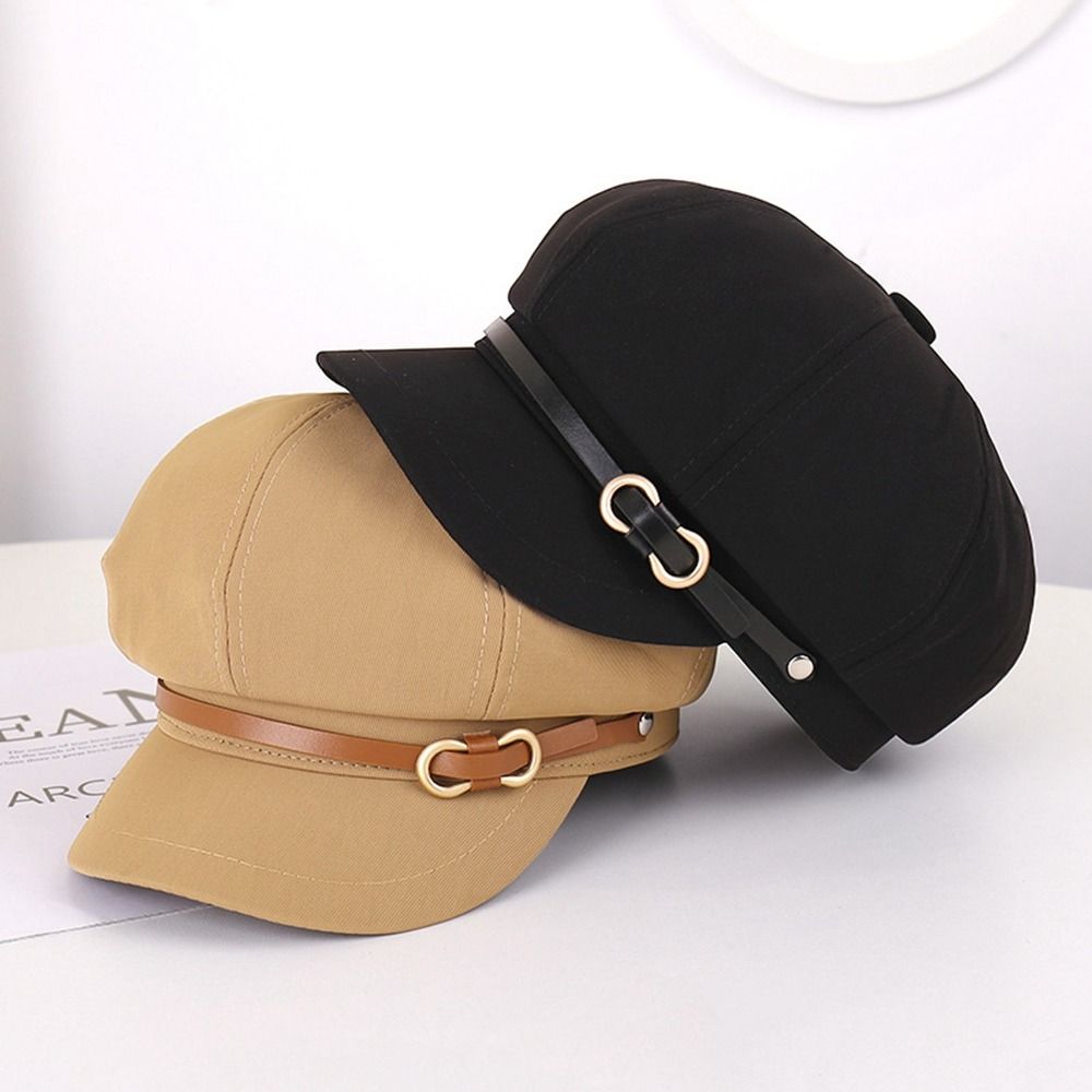 Восьмиугольная шляпа в корейском стиле с кожаной пряжкой, повседневная черная шляпа-берет для уличной одежды