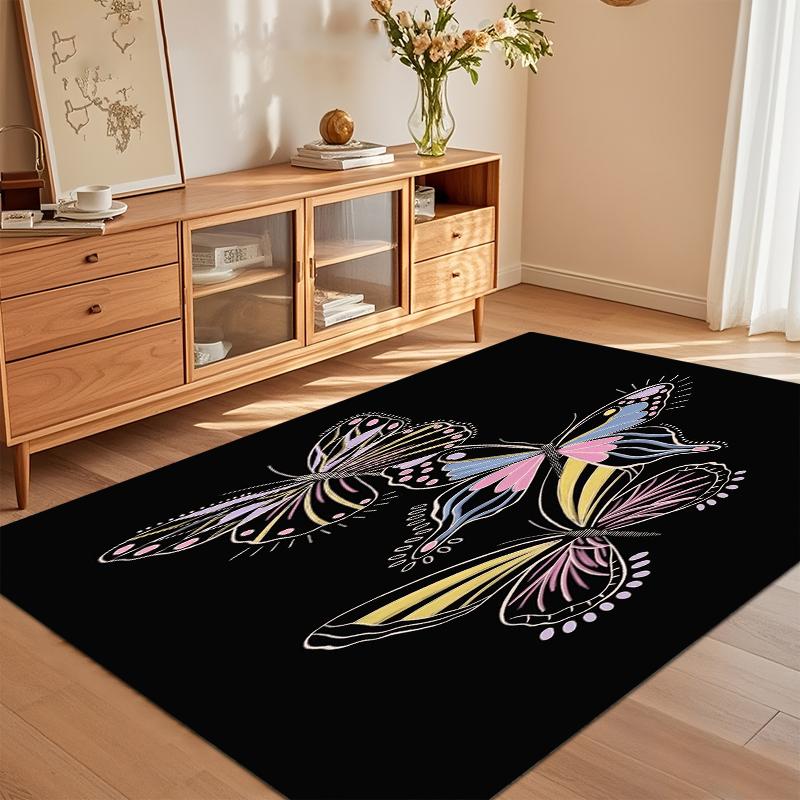 Soft Non-Slip Pastel Butterfly Area Rug with Colorful Trio Design on Black Background for Nursery Bedroom Living Room Decor