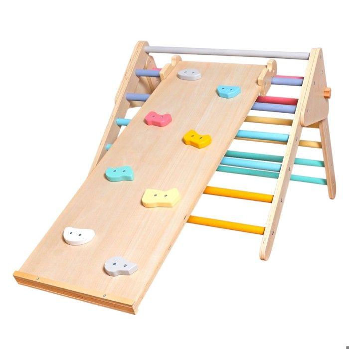 Triangle de Pikler - GINGER HOME 2 en 1 - Toboggan & mur d'escalade - Pliable - Bois massif