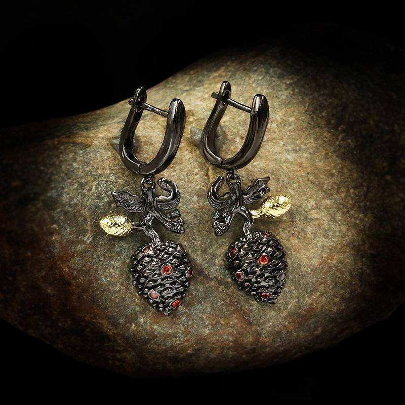 Италия Ювелирные изделия Винтажные Серьги с рубиновой инкрустацией в виде цветочного бутона 925 пробы Модные серьги из черного золота Свадебные украшения Подарок