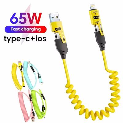 1 шт. 65 Вт 4 в 1 пружинный короткий кабель для передачи данных 6A USB Type C пружинный телескопический провод для быстрой зарядки пружинный USB-кабель