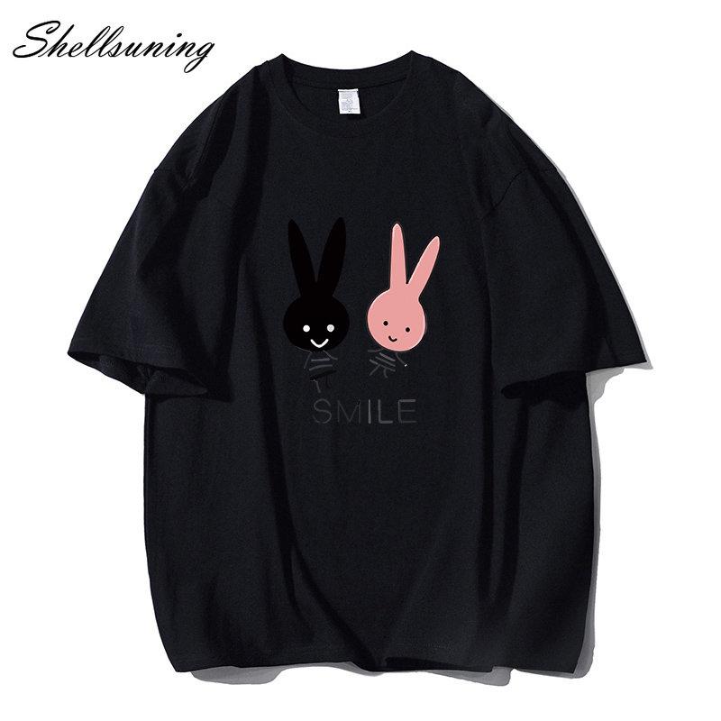 Shellsuning Cute Bunny Graphic Printed T Shirts Women Summer Casual Loose O Neck Short Sleeve Tees Female Trendy 100% Cotton Tops Lady