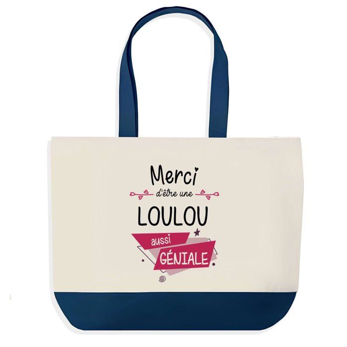 Tote bag - PLANETEE - Sac shopping fond bleu Merci Loulou Géniale - Bleu - Coton - 40 x 45 cm