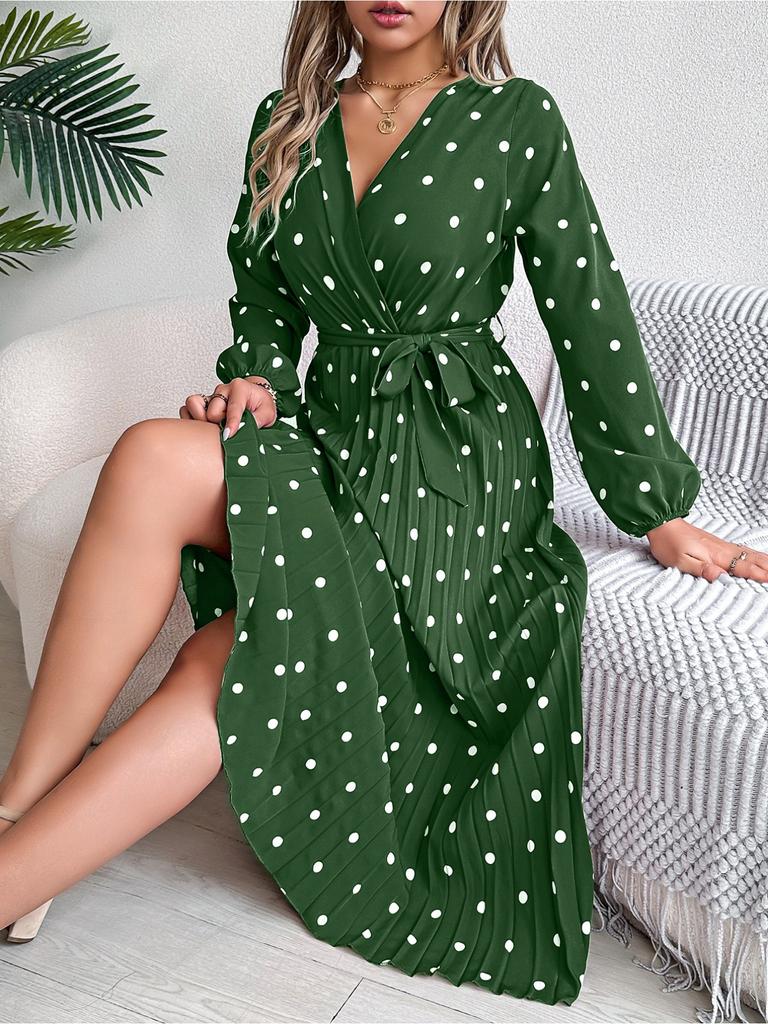 V Neck Printed Overlapping Dress Waist Hugging  Elegant Pleats Wave Point Dress for Women Long Sleeve Loose Dresses Causal Dress