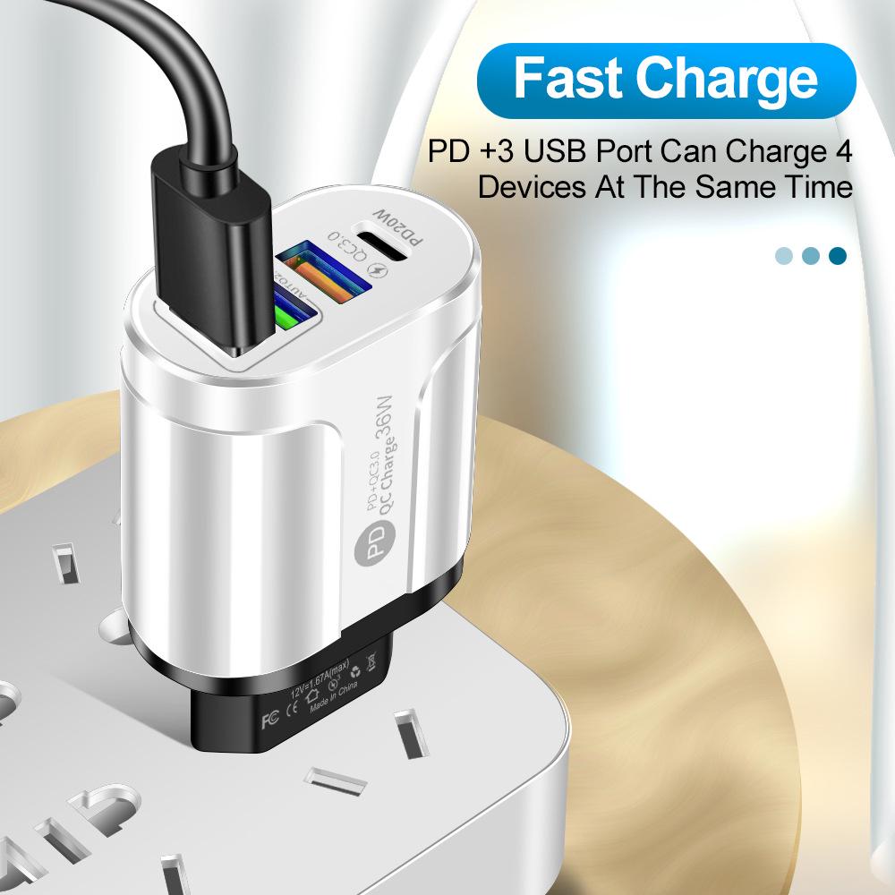 Быстрое USB-зарядное устройство для путешествий (США/Великобритания/ЕС): 20 Вт PD с 3 портами USB