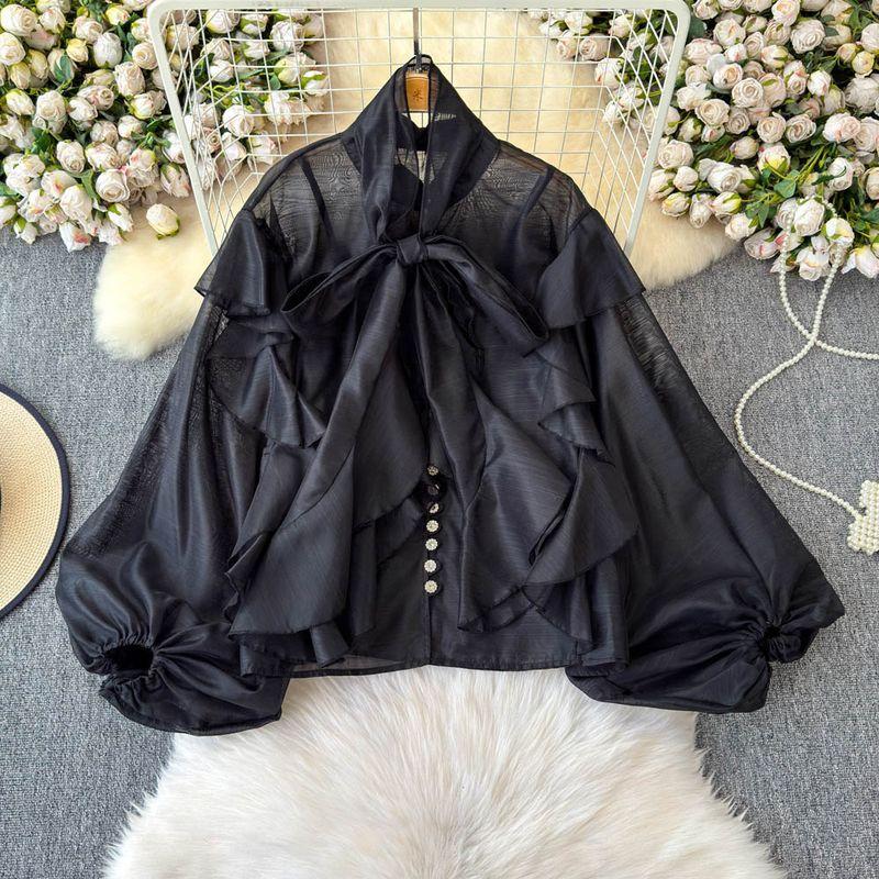 Stylish Ruffles Chiffon Shirt Women's Summer New Lantern Sleeve Shoelace Slim Looking Tie-Dye Inner Suspender Tops