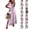Женское летнее цветочное платье с коротким рукавом, пляжное платье с карманами, повседневное платье-футболка с V-образным вырезом и разрезом, длинное платье для путешествий и отпуска