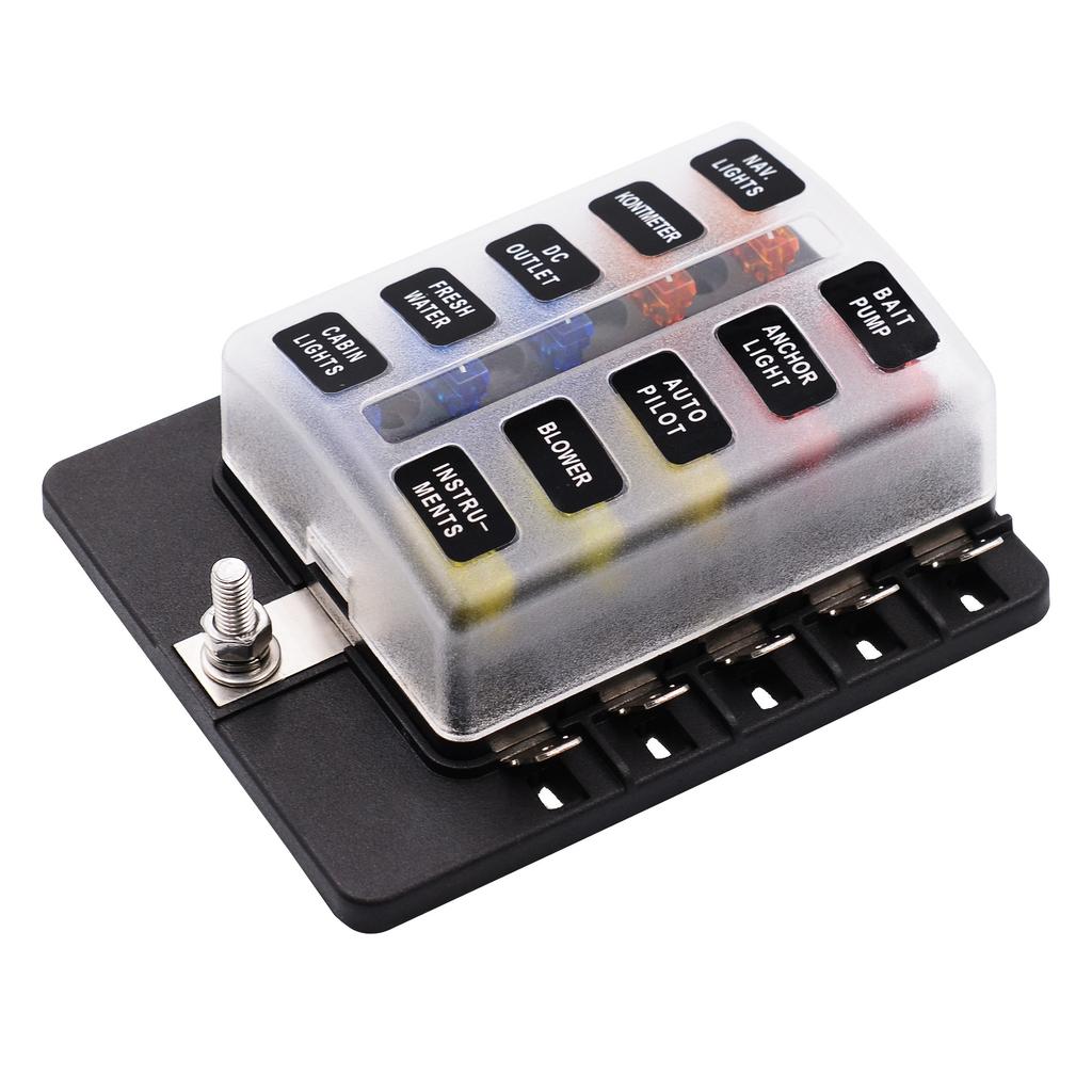 PC Terminal Block Type, 1 In 10 Out Fuse Boxes for Cars, RVs, and Ships, with LED Lights, 12-32V