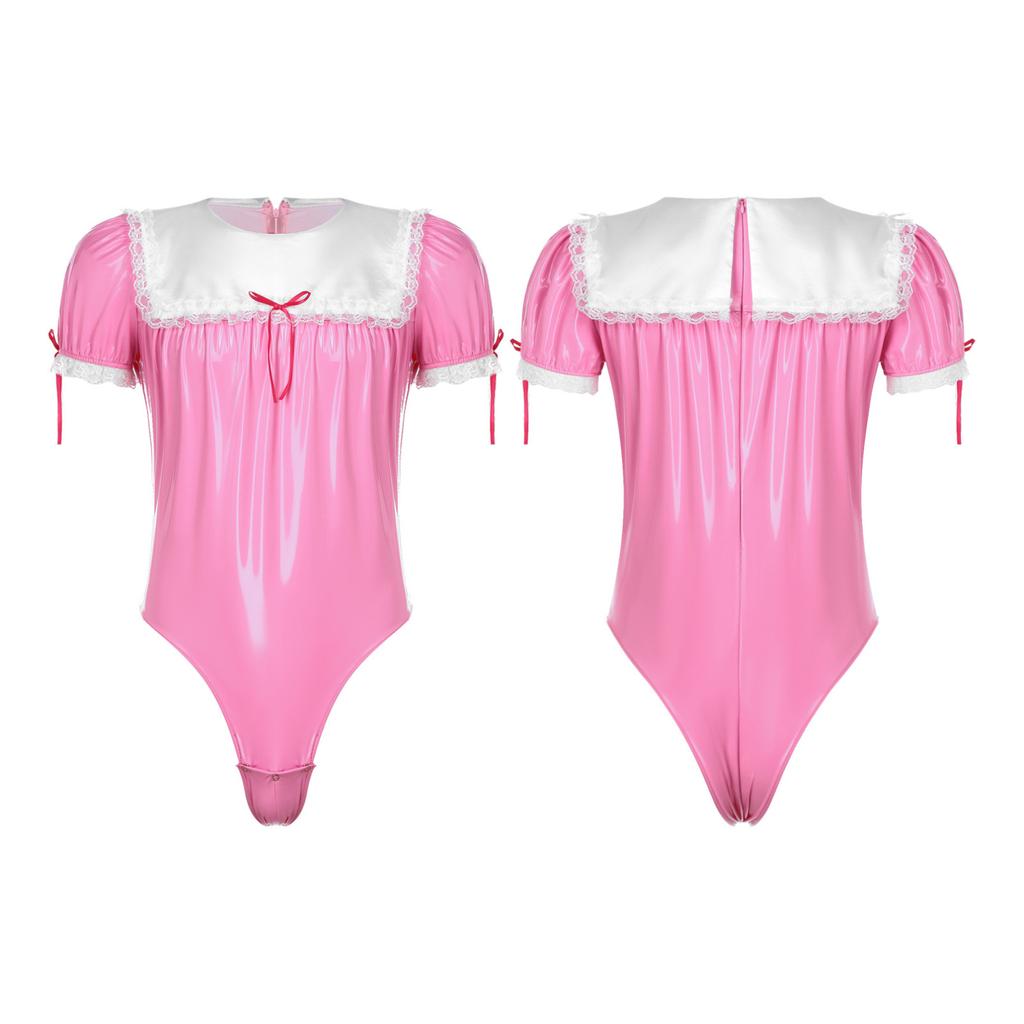 Мужской костюм для косплея Sissy Maid, комбинезон для трансвеститов, кружевная отделка, пышные рукава, купальник на молнии, боди из лакированной кожи