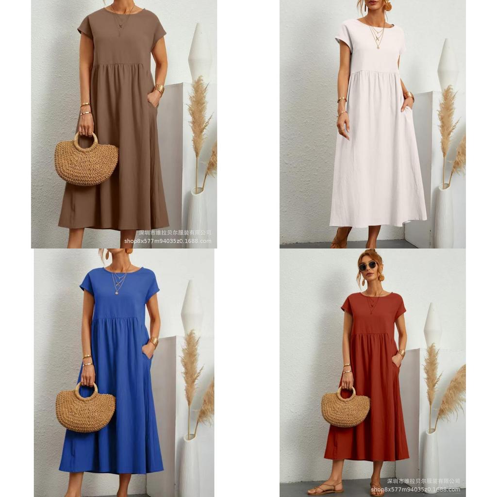 Minimalist Cotton Linen Dress With Pockets For Spring Casual Wear