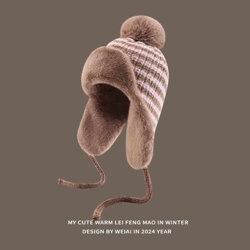 Зимняя плюшевая утолщенная шапка-ушанка из шерстяного шарика, вязаная плюшевая шапка-ушанка для защиты ушей для женщин, полосатая, ретро, для большой головы, для велоспорта