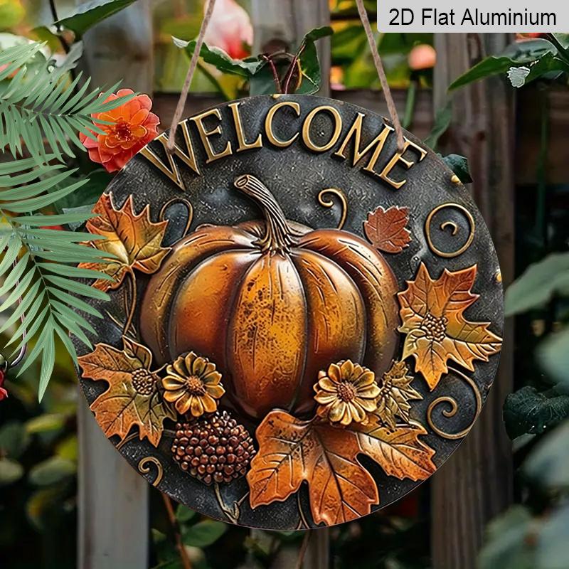 2D Flat, 1pc Fall Leaves Round Aluminum Sign, Pumpkin Round Aluminum Sign, Autumn Decor Metal Sign - Welcome Rustic Metal Wall Art, Wall Decor Signs