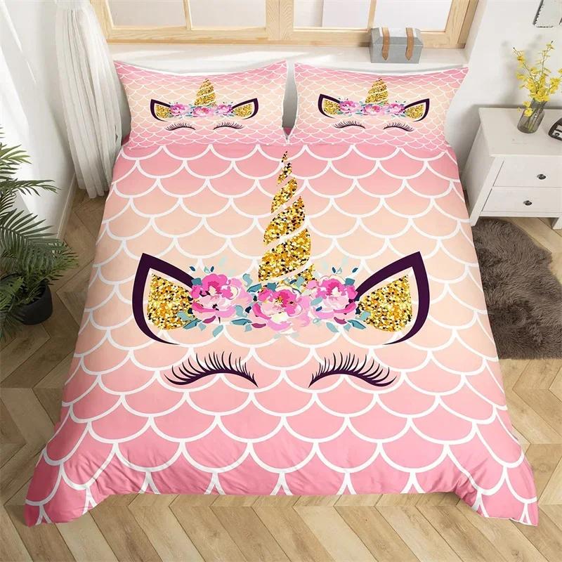 Cartoon Unicorn Duvet Cover Set Smile Eyelash King Bedding Set For Girls Woman Microfiber Mermaid Scale Floral Comforter Cover