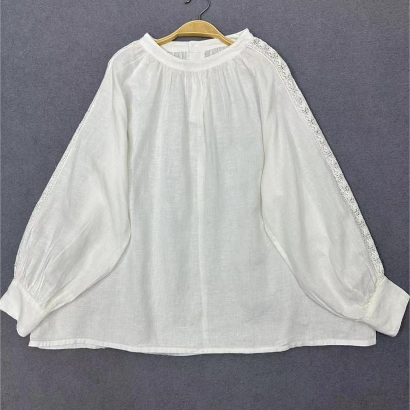 Johnature Японский винтажный круглый вырез лоскутное кружево свитер рубашка женская осень свободные винтажные повседневные рубашки