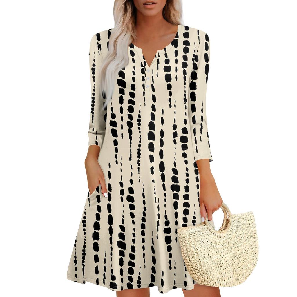 Женское летнее платье, свободное платье с V-образным вырезом, рукавом три четверти и карманами