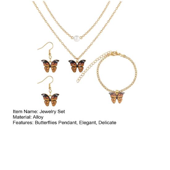 1 Set Dual Layers Butterflies Necklace Elegant Earrings Rhinestone Inlay Bracelet Jewelry Kit Accessories