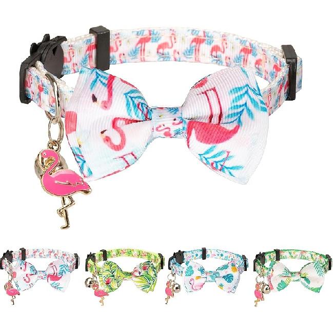 Cat Collar with Bow Tie Pink Flamingo Bell Pendant Charm Safety Detachable Cute Kitten Forest Tropic Leaf Plant Pattern Flamingo A