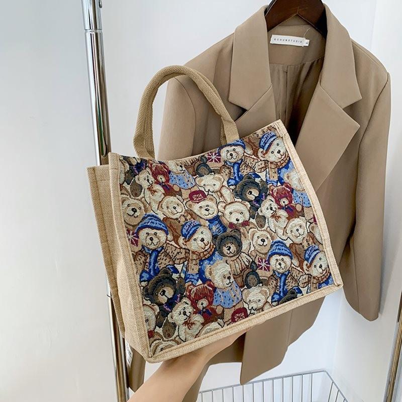 Stylish Unisex Pu Canvas Shoulder Bag For College Students With Cute Bear Patterns