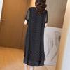 Feel Slippery Summer Black Loose Chiffon Short Sleeve Round Neck Loose Wave Point Dots Mid-length Skirt