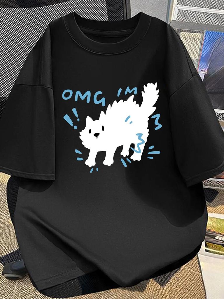 Women Cat Graphic TShirt Casual Crew Neck OMG Cat Print Regular Fit Summer Casual Wear Breathable Short Sleeve Tee Fashion Y2K