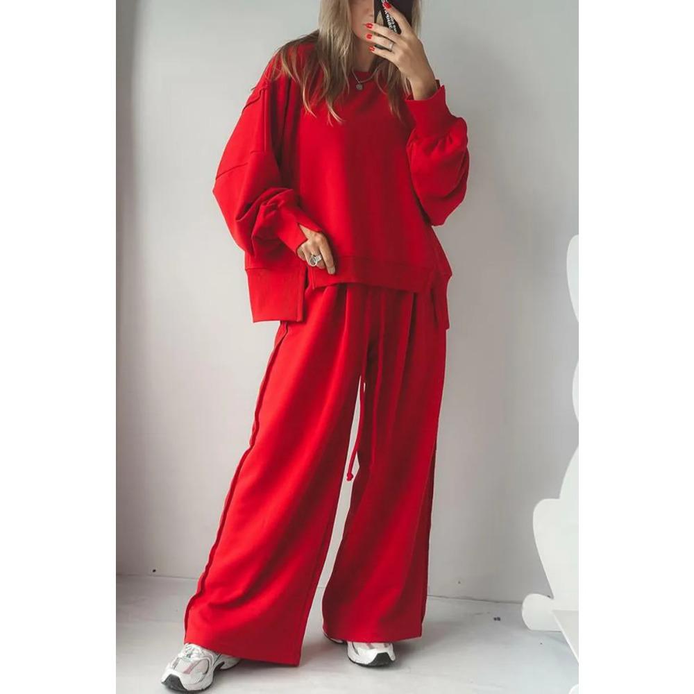 New Autumn and Winter Women's Fashion Casual Set Solid Color Long-sleeved Shirt Long Pants and Round Neck Two-piece Set