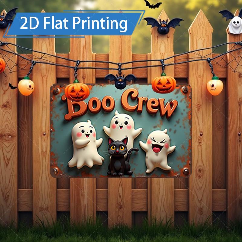 D FLAT pc Metal Sign Halloween Boo Crew Metal Sign with Ghosts and Cat